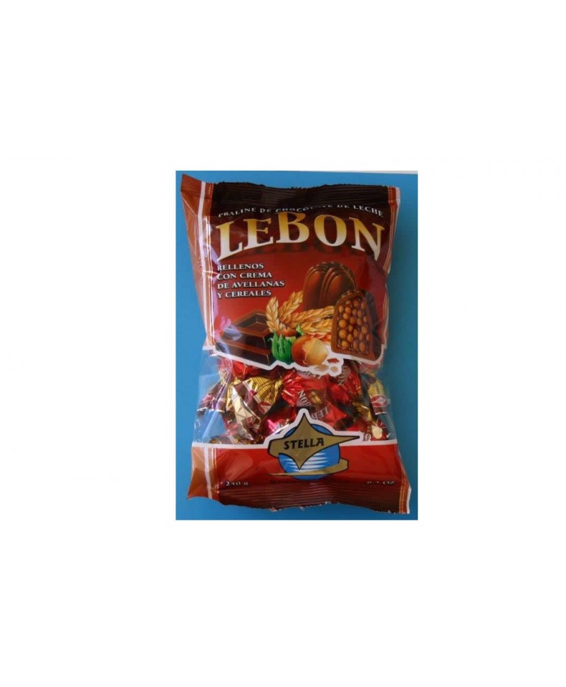Estuche de Bombón relleno de crema de avellana, marca LEBON, en bolsa